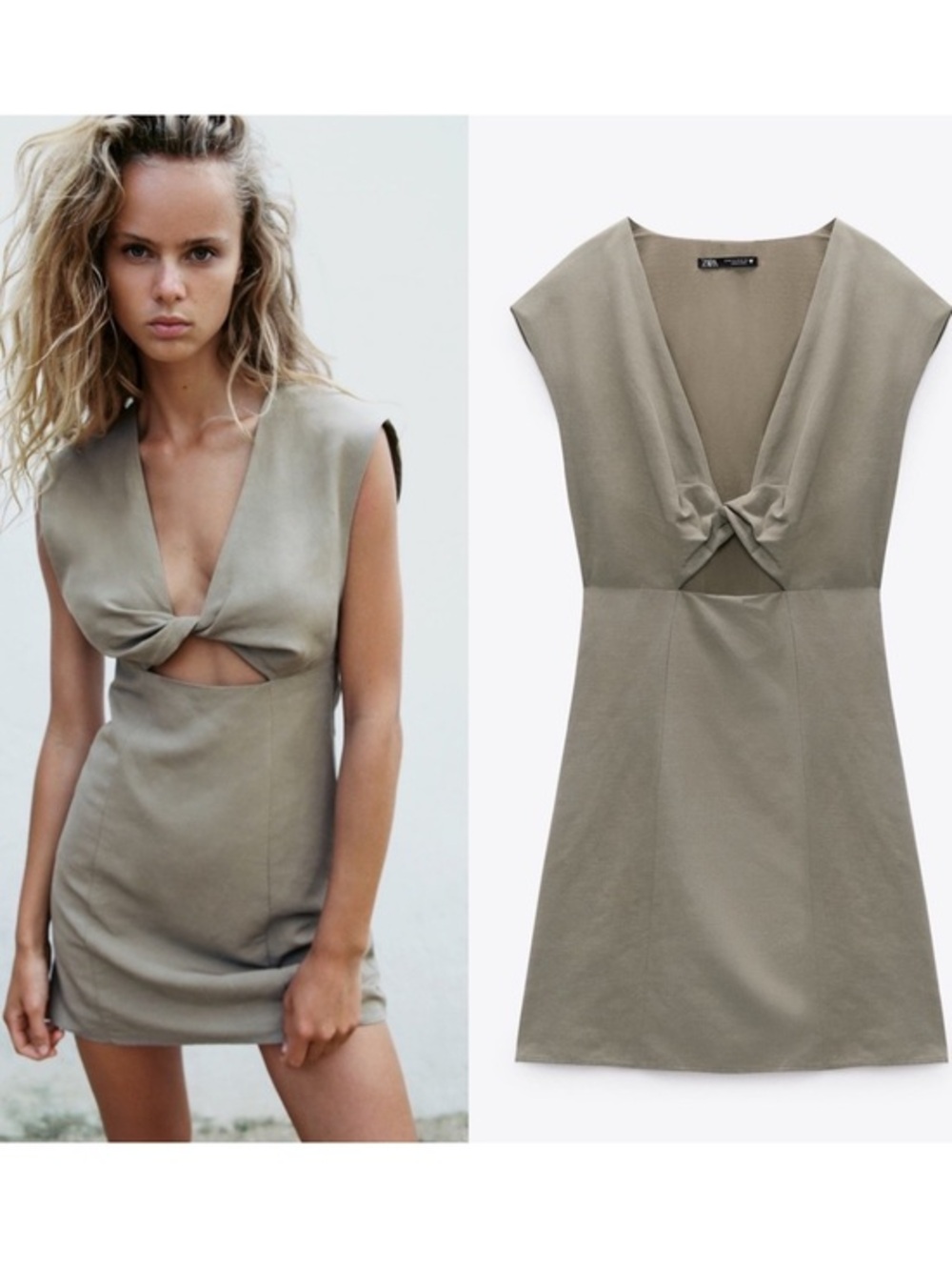 Zara Linen Sleeveless Twist Front Cutout Mini Dress — Olive Green NWT Medium